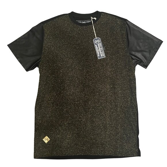 NWT MO7 Men's Modern Metallic Knit Tee Faux Leather Sleeves Night Out Size Large - Picture 1 of 10